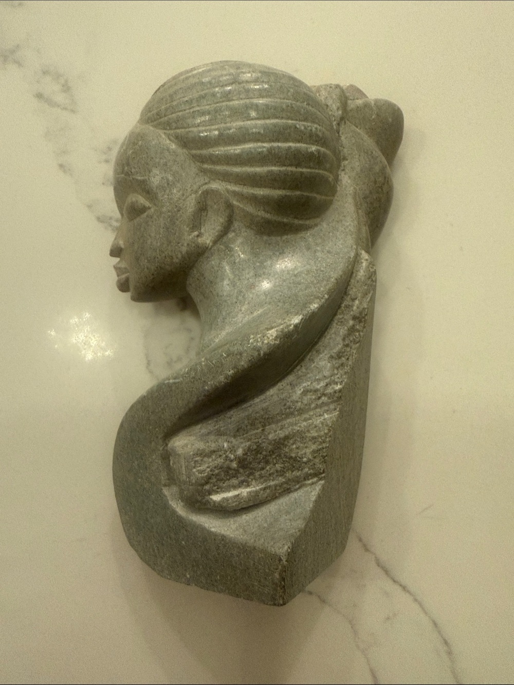 Carved Stone Bust Sculpture in Gray-Green